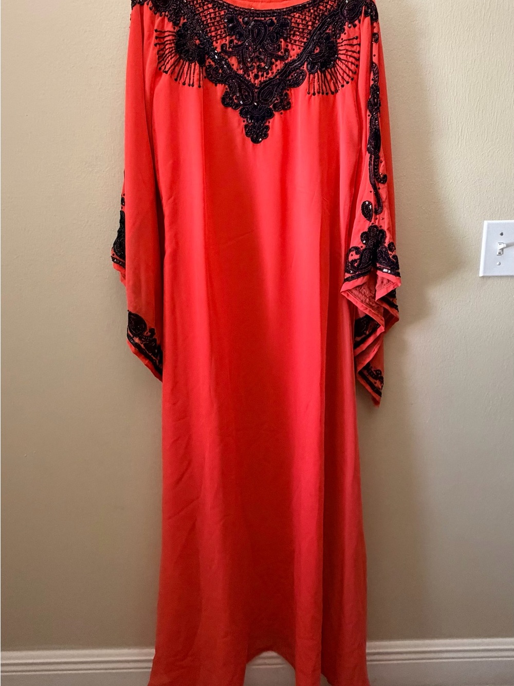 Red Embroidered Maxi Dress with Black Lace Detail kaftan